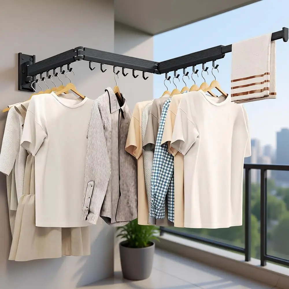 

Space-Saving Collapsible Laundry Drying Rack, Retractable Hanging Clothes Rack, Black Hooks