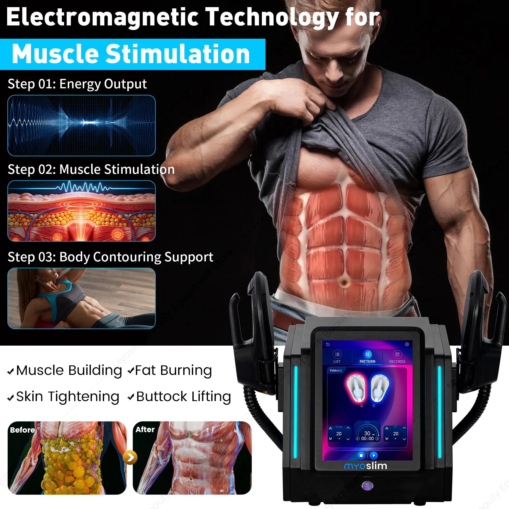 Myoslim Body Slim Sculpt Muscle Stimulate Fat Removel 6500W Eletric Machine Hi-emt RF Weight Lose Portable Electromagnetic
