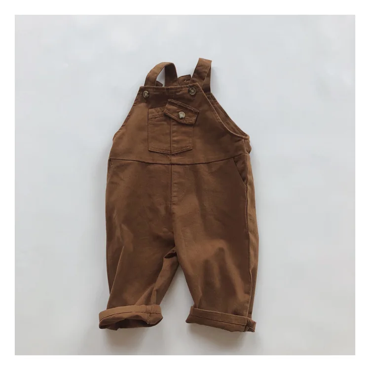 

Autumn Korean Style Vintage Brown Baby Overalls Sleeveless Loose Fashion Casual Button Pocket Soft Kids Rompers
