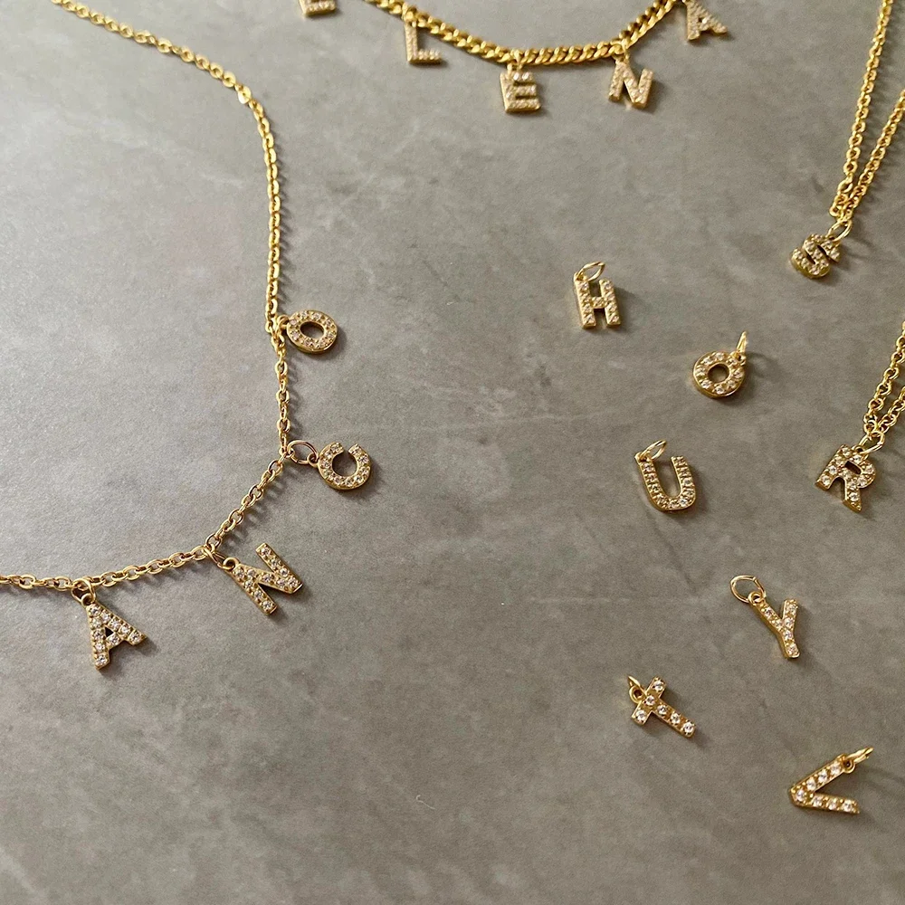 women Stainless Steel Inlay zircon Initial Necklace golden A-Z Letter charms Pendant Alphabet Necklace jewelry