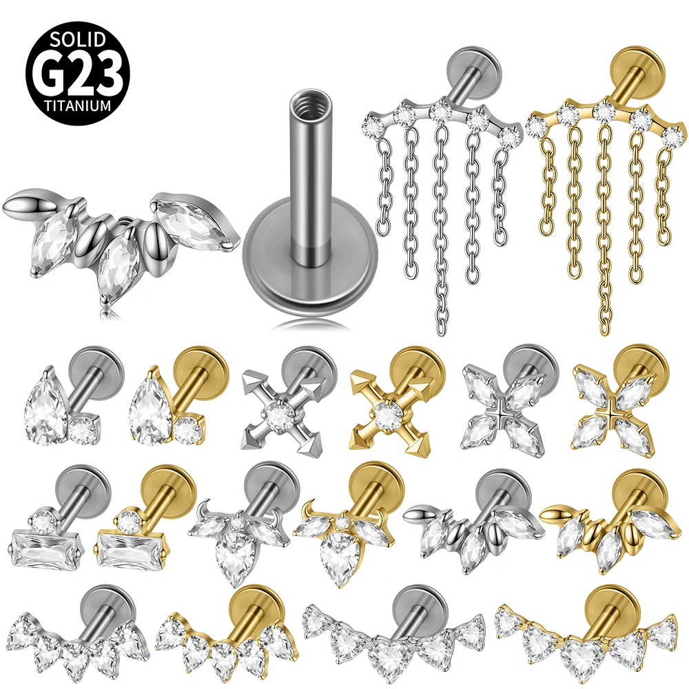 1PC Titanium Marquise CZ Chain Drop Internal Thread Labret Lip Stud Ear Studs Cartilage Helix Lobe Conch Piercing Body Jewelry