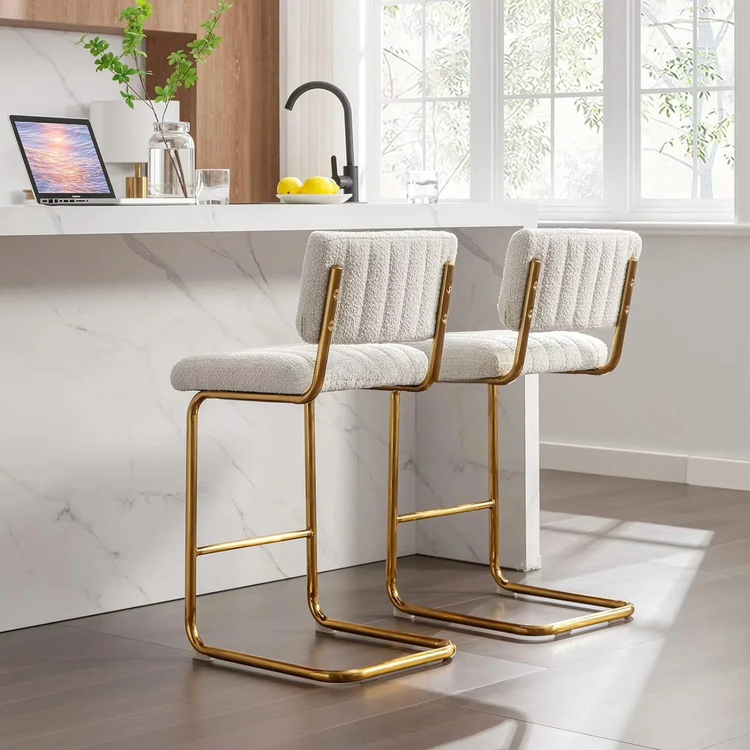 

z Modern Armless Bar Stools Counter Height with Gold Base Velvet Upholstered Boucle Fabric Tufting Kitchen Island for Restauran