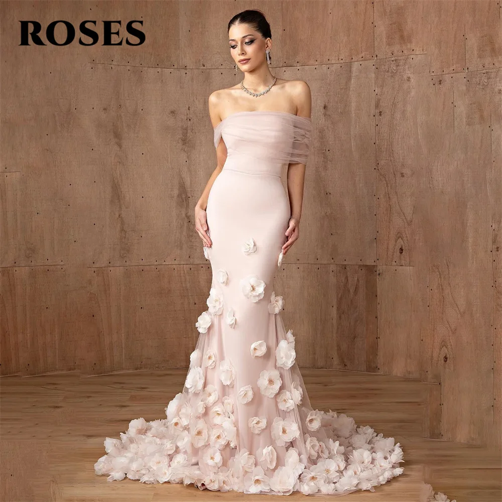 

ROSES Blush Pink 3D Flower Prom Dresses Gown Off the Shoulder Formal Gown Mermaid Stain Evening Dress Gown for Woman Customized