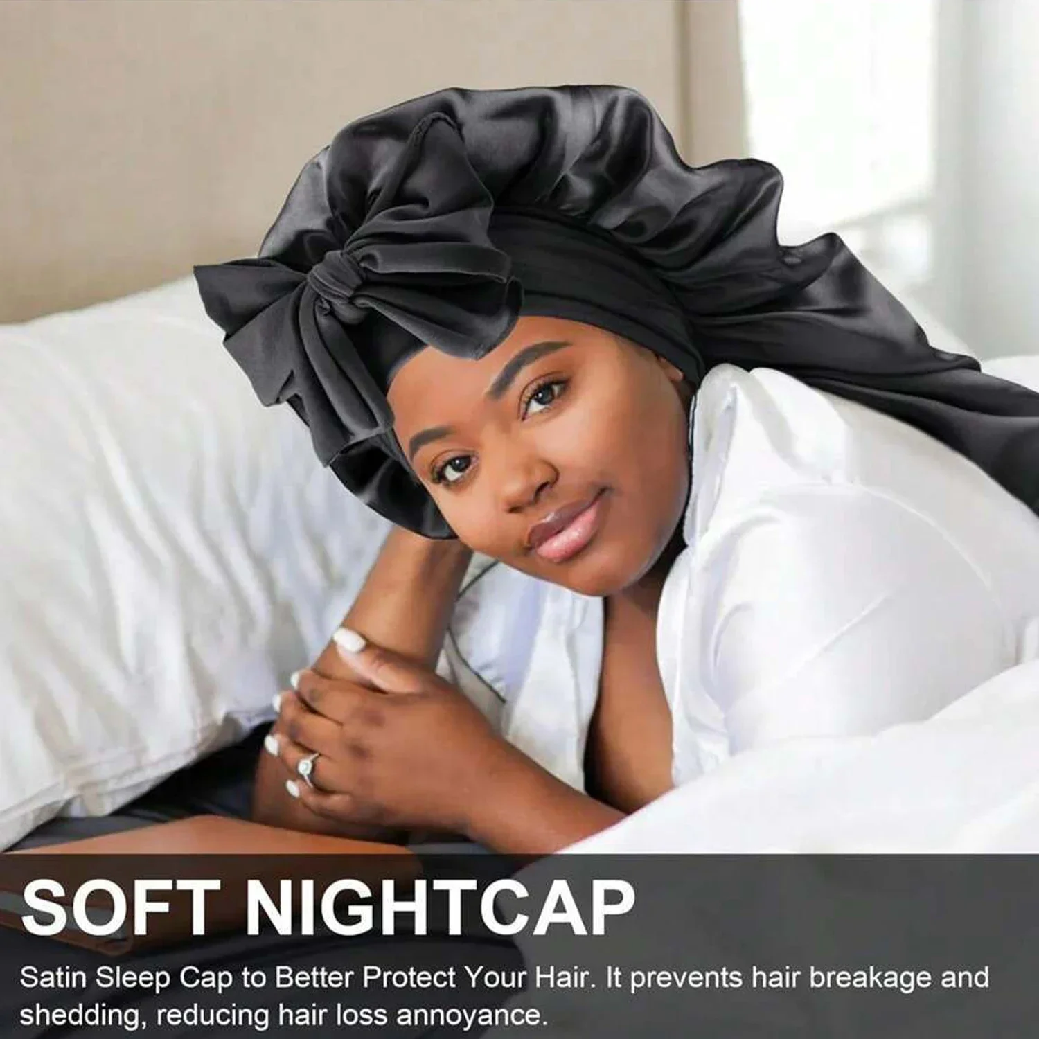 High Elastic Satin Solid Wide-brimmed Sleeping Hat Unisex Head Wrap Elastic Band Cap Hair Care Bonnet Night Sleeping Hat image 5