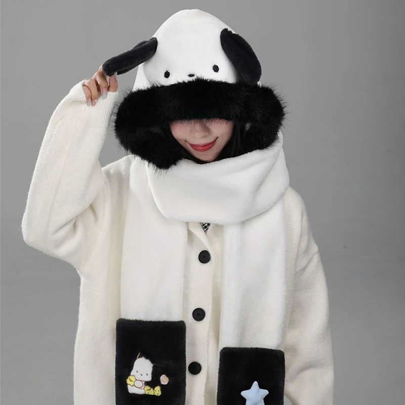 

Miniso Pochacco Winter Teenage Boy Girl Fluffy Hat Scarf Three-Piece Pupil Cap Gloves Bib 3-In-1 Women Ear Warm Mother-Girl Gift