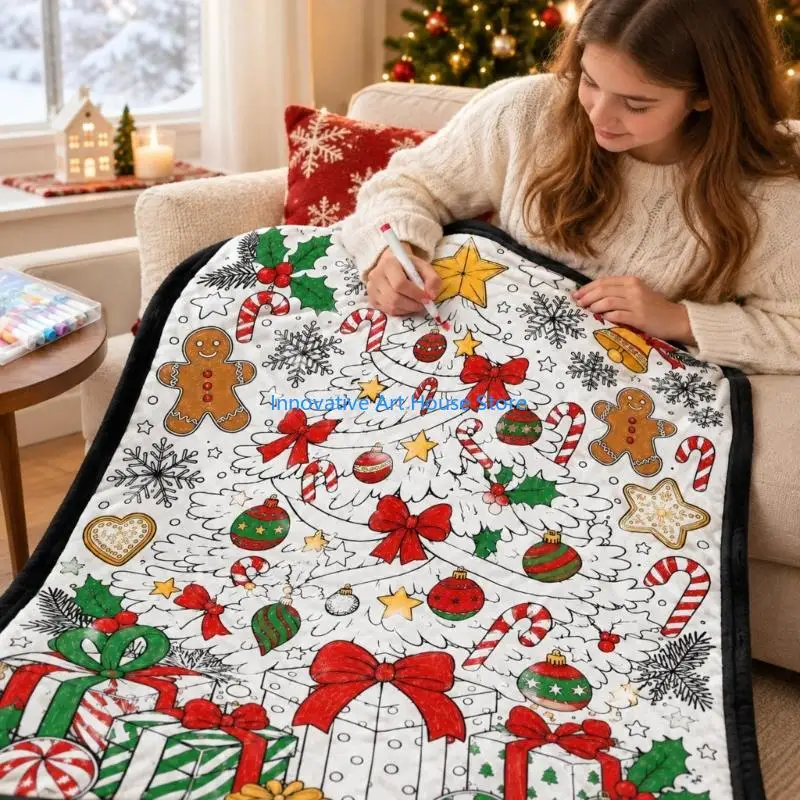E1PC Coloring Christmas Throw Blanket DIY Fleece Throw with Personalizable Artwork, Polyester Flannel Body and Routine Gentle