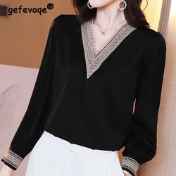 Elegant Solid Patchwork All-match Chiffon Shirt Spring Summer 2024 New V-Neck Long Sleeve Loose Pullover Blouse Women's Clothing