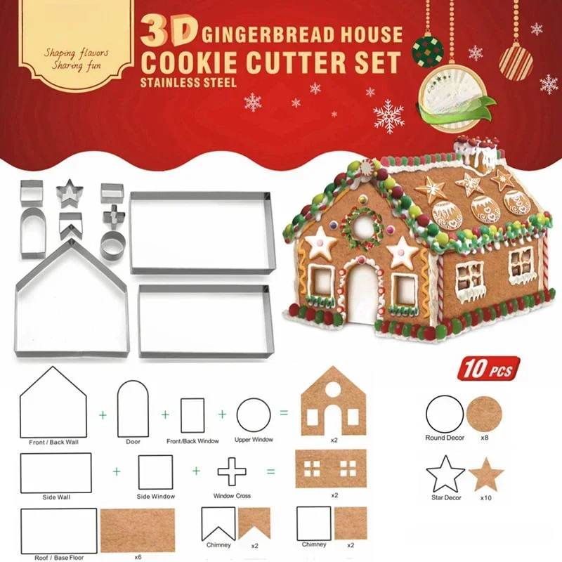 10pcs/box 3D Christmas Gingerbread House Set Kitchen Stainless Steel Biscuit Mold Cookie Cutters for Kids Diy Baking Pastry Tool