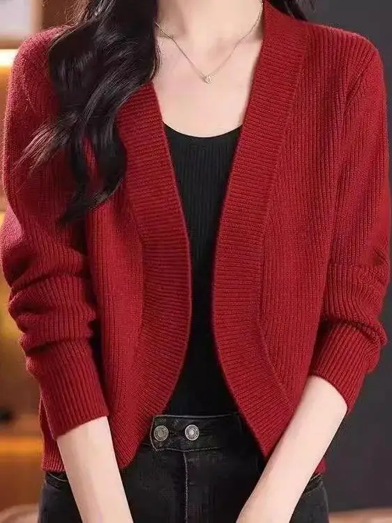Soft Beige Knitted Open Cardigan Slimming Versatile Spring Autumn Ladies Sweater Jacket Pure Color Top for Petite Women