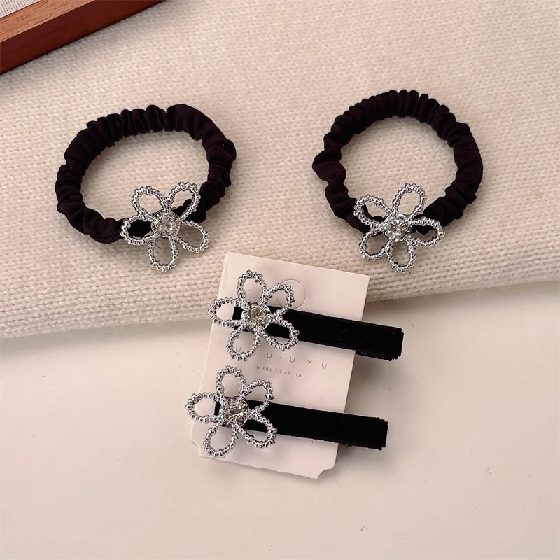 New Rhinestone Flower Hairpin Rubber Band Sweet Girl Broken Hair Edge Clip Hairpin Versatile Side Bangs Duck Bill Clip