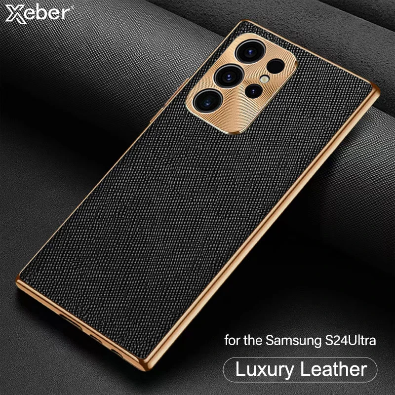 Luxury Lambskin Leather Texture Plating Frame Phone Case For Samsung S24 Ultra S23 S22 Plus Shockproof Camera Protection Cover