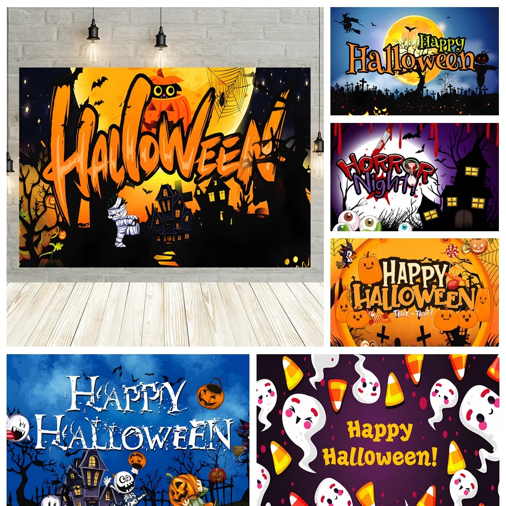 

Halloween Party Pumpkin Lamps Ghost Tree Trick Or Treat Banner Backdrop Custom Childs Adults Room Photography Studio Backdrops