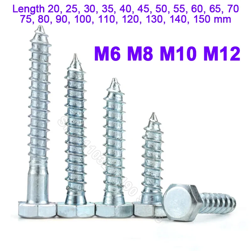 Samogwintujące wkręty do drewna z łbem walcowym sześciokątne śruby zewnętrzne śruba sześciokątna, stal węglowa ocynkowana, M6, M8, M10,M12, długość