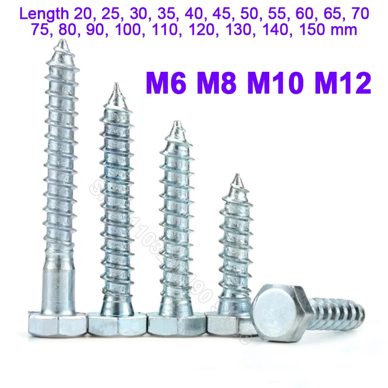 External Hex Self-Tapping Screw Bolt Hexagon Head Wood Screws, Galvanized Carbon Steel, M6, M8, M10,M12, Length 20, 25, 30-200mm