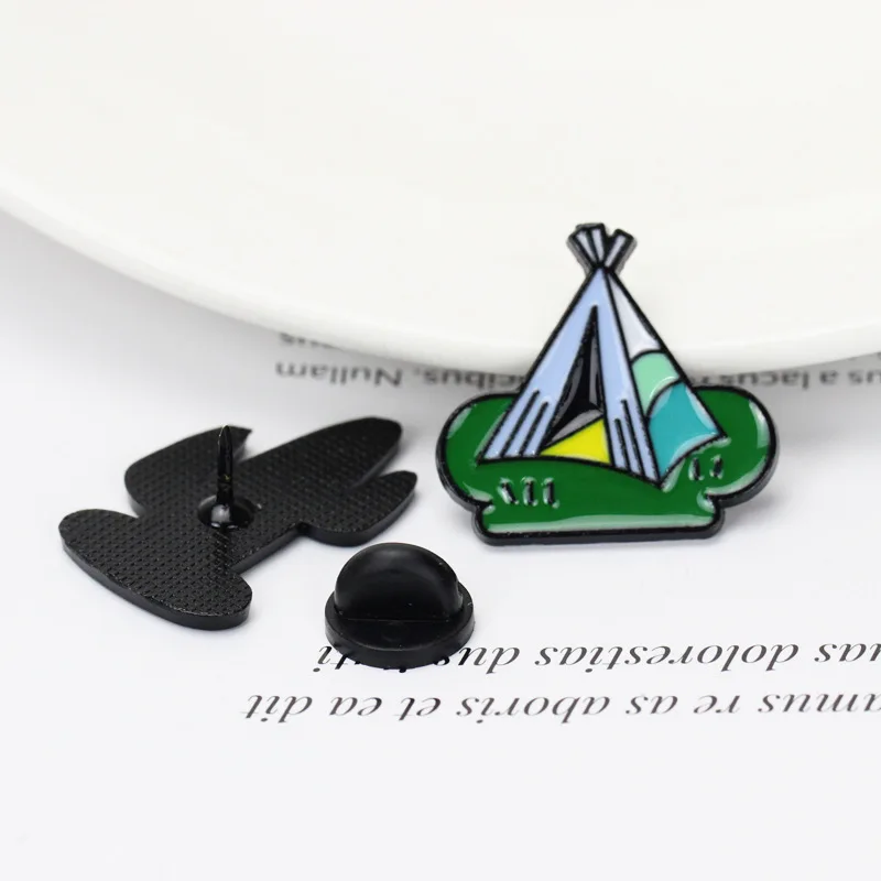 Spot creative cartoon cactus tent car brooch accessories metal mountaineering outdoor personalized brooch