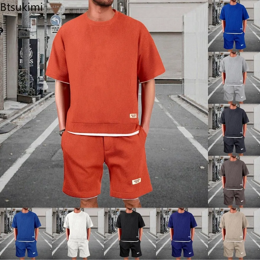 

New 2025 Waffle Men's Summer Round Neck T-shirt Shorts Two Piece Set Comfortable Thin Style Fake Two Piece Short Sleeve Set Male