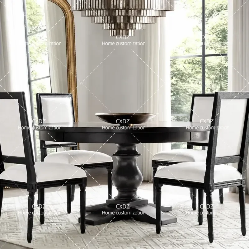 French solid wood dining table American carved small apartment four-person dining table simple black retro round dining table