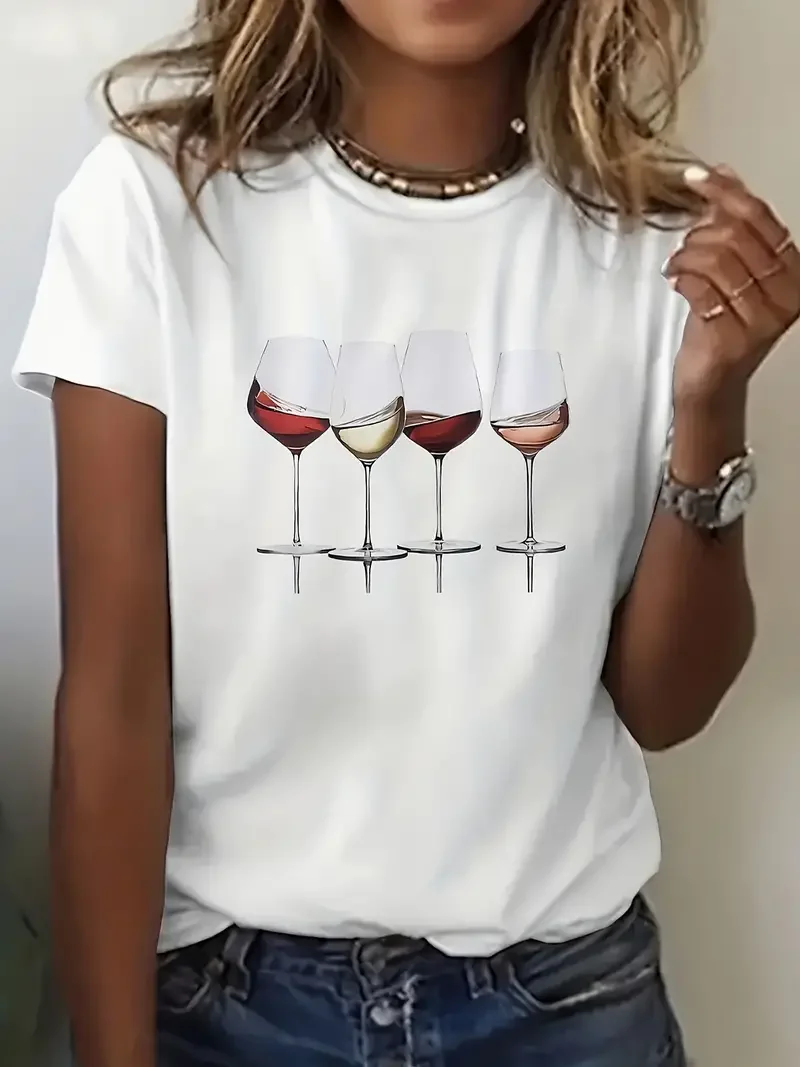 Rotwein Tasse bunt bedruckte T-Shirt Spaß Straße Retro Frauen T-Shirt Mode lässig Sommer Top Harajuku 2024 neue Kawaii
