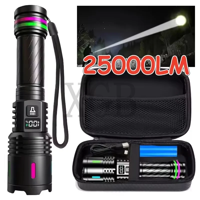 

Тактический фонарик с высоким люменом, масштабируемый прожектор, 5 режимов освещения, перезаряжаемый тип C, блок питания, сплав, кемпинг, рыбалка