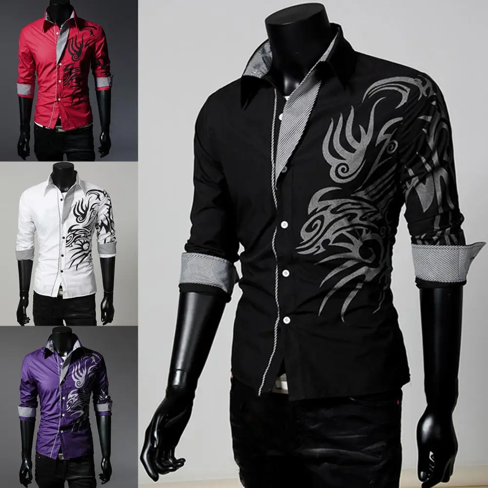 Special  Autumn Shirt Clothes Long Sleeve Men Autumn Top Loong Print Skin-friendly Men Shirt for Stage Show