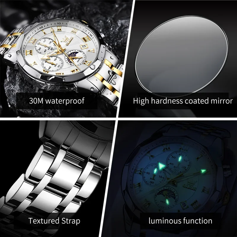 OLEVS Men Watch Brand Business Stainless Steel Date Chronograph Luxury Waterproof Moonphase Men Quartz Watch Reloj Hombre 3675