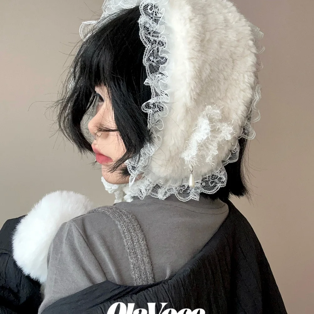 Orejeras japonesas de invierno Y2K con borde de encaje suave, orejeras cálidas para chica bonita, correa de prevención de calor y frío para estudiantes, protección para los oídos