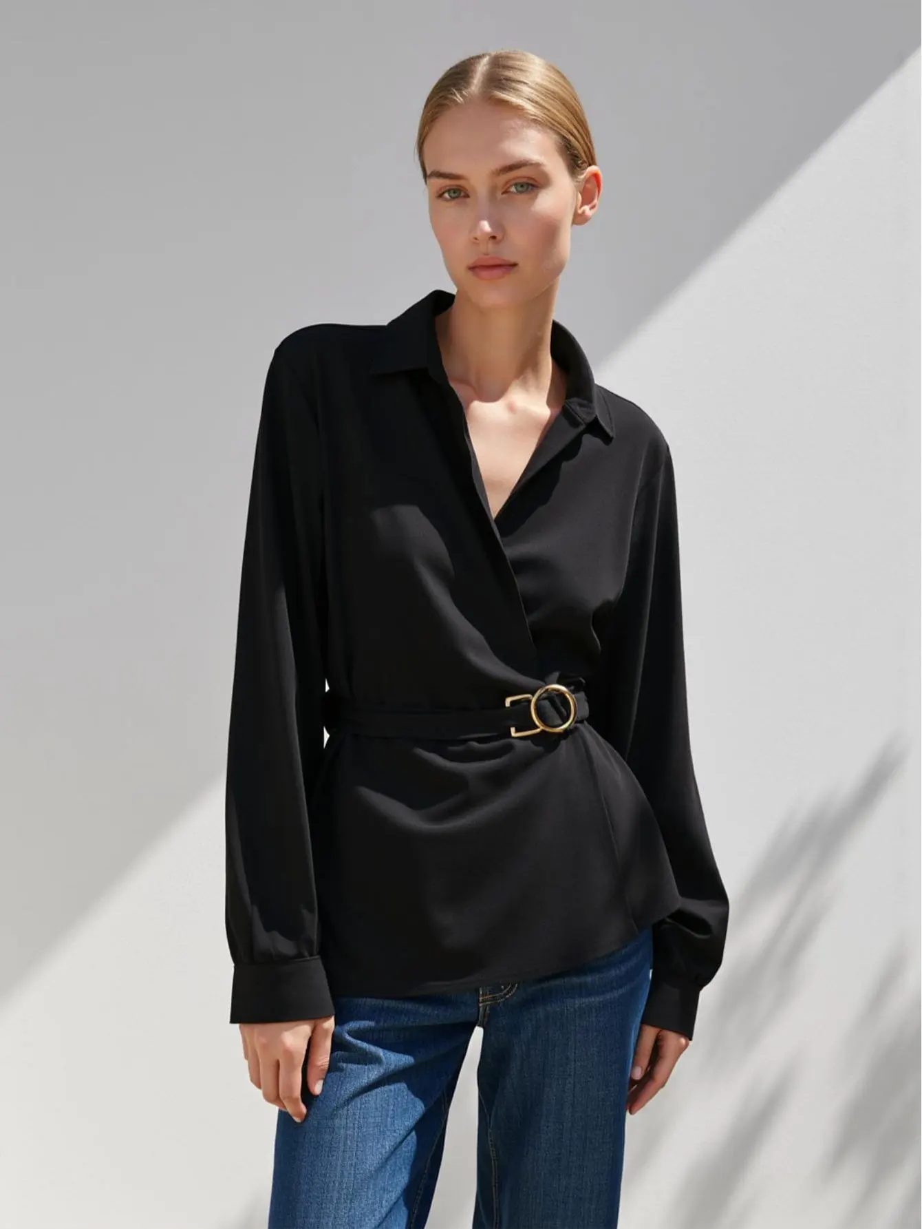 Women's Long Sleeve Shirt French Plain Lapel Regular Fit Office Lady Top for Autumn