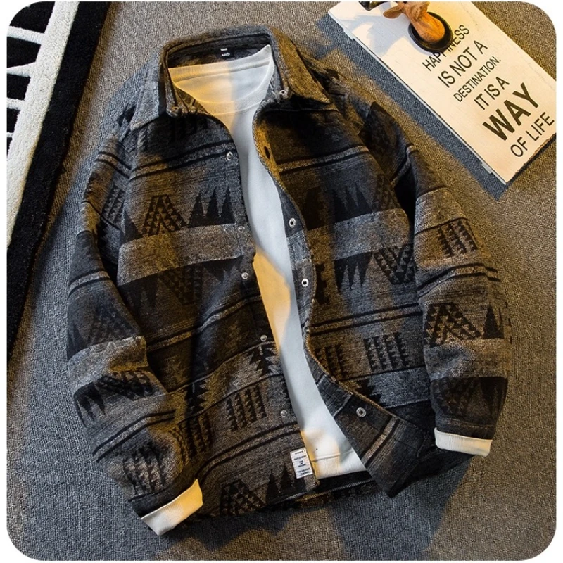 Men's Trendy Japanese Retro Ethnic Coat Soft Brushed Flannel Shacket Long Sleeve Casual Spring Fall Warm Wool Blend Shirt Jacket