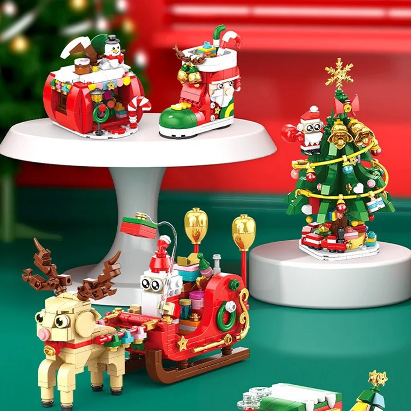 Blocs de construction MOC série de noël, Train/maison/glisser/père noël/pomme/arbre, jouets assemblés, modèle de briques, cadeaux de vacances pour enfants
