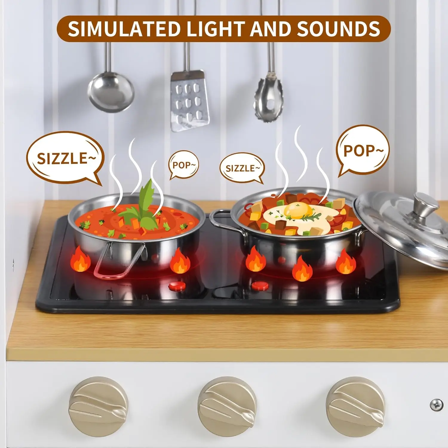 Cucina da gioco per bambini, set da cucina finta in età prescolare, set da cucina in legno con luce e suono realistici, telefono, fornello, Fridg