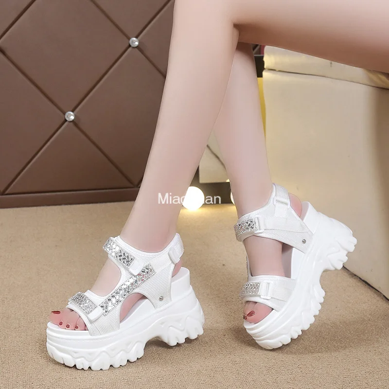 2023 Summer Women\'s Sandals Fashion Open Toe Non-slip Rhinestone Wedge Shoes Walking Outdoor Beach Casual Shoes Platform Sandals