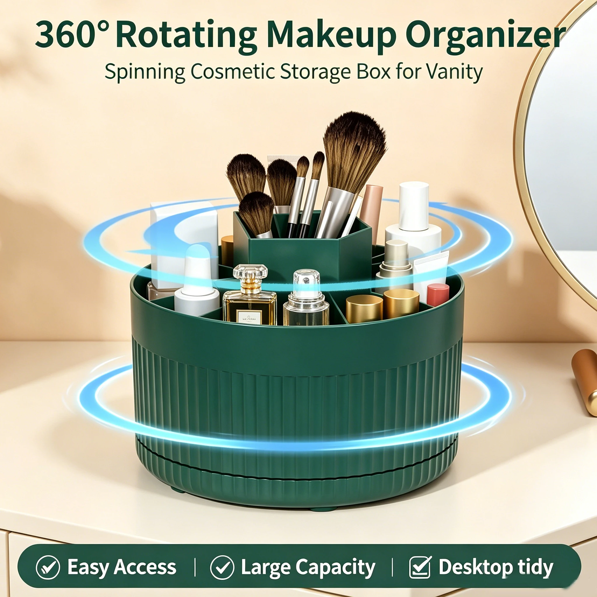360 Degree Rotating Makeup Organizer, Durable ABS Cosmetic Storage Holder for Bedroom Dresser Bathroom, Available in White & Gre