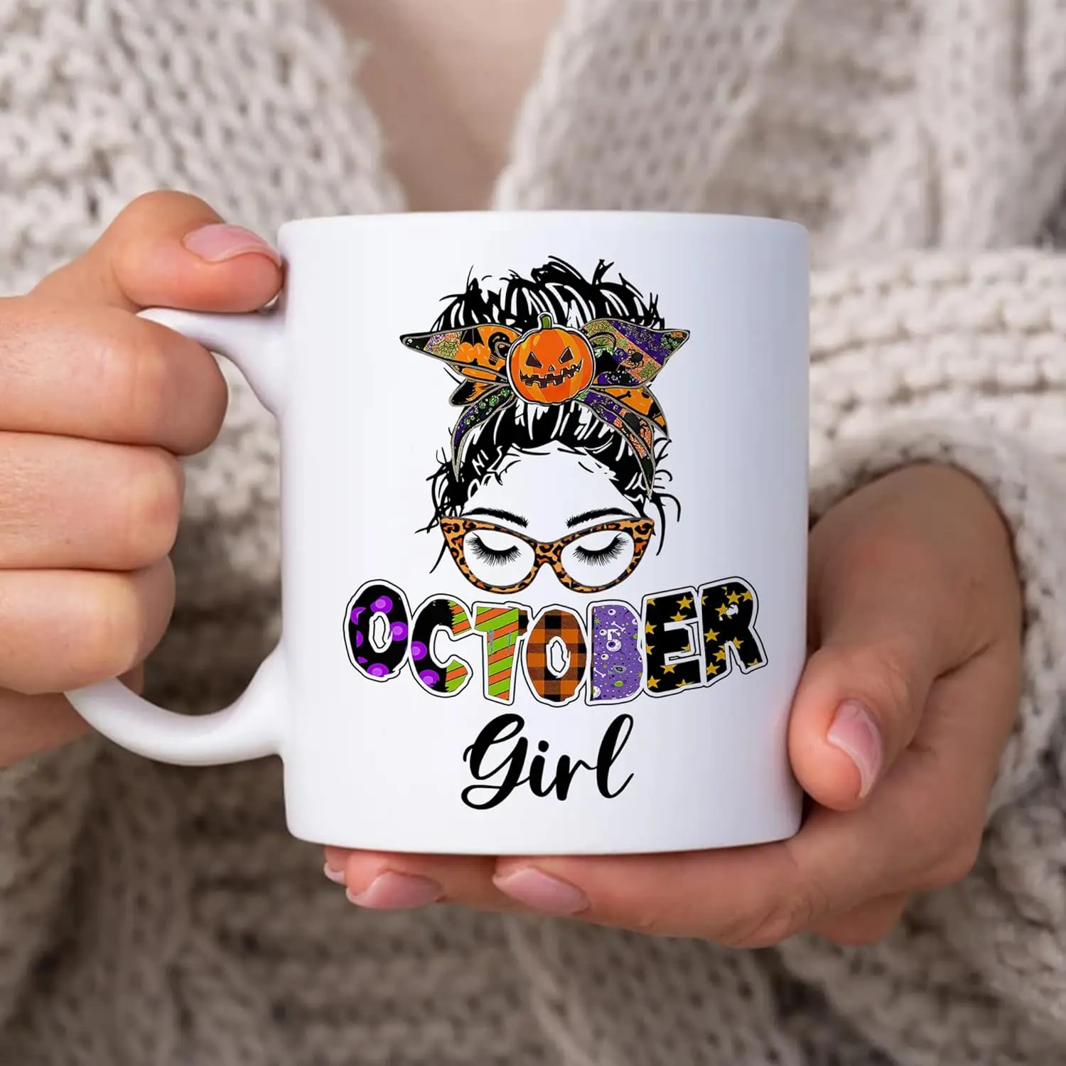 

Halloween Birthday Gifts for Women - October Girl Messy Bun Spooky Pumpkin Halloween 11oz White Ceramic Coffee Tea Mug For Mom