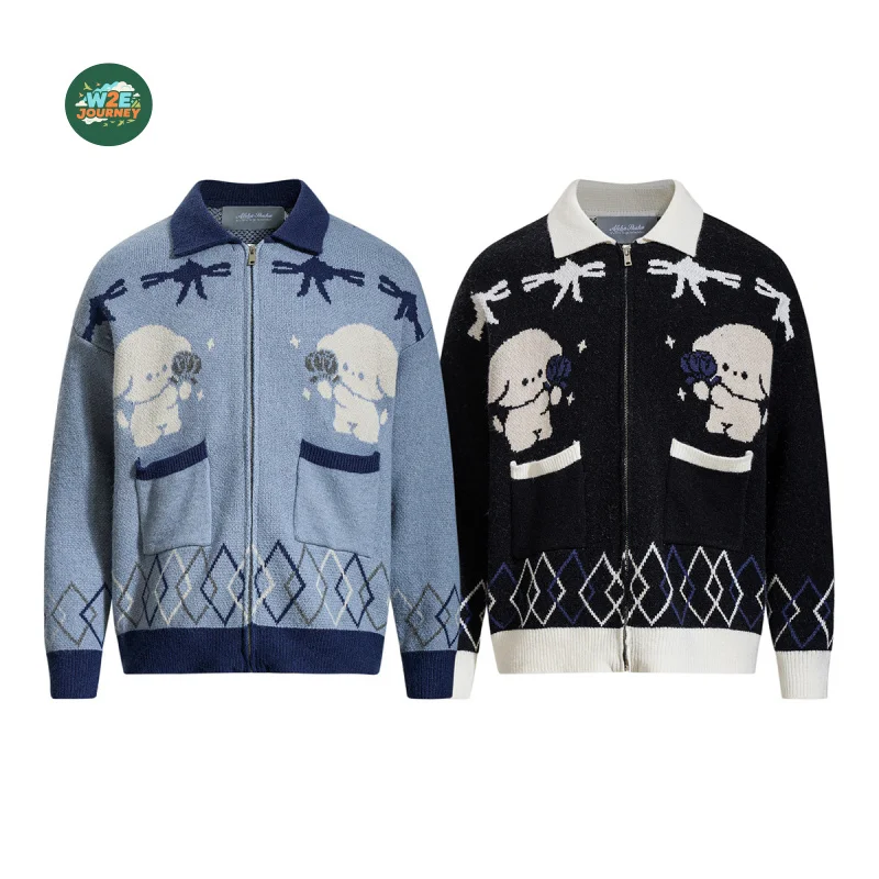 

W2EJOURNEY, роскошная уличная одежда высшего качества, размер ЕС, США, модный брендовый зимний жаккардовый кардиган, мужской вязаный свитер с отложным воротником