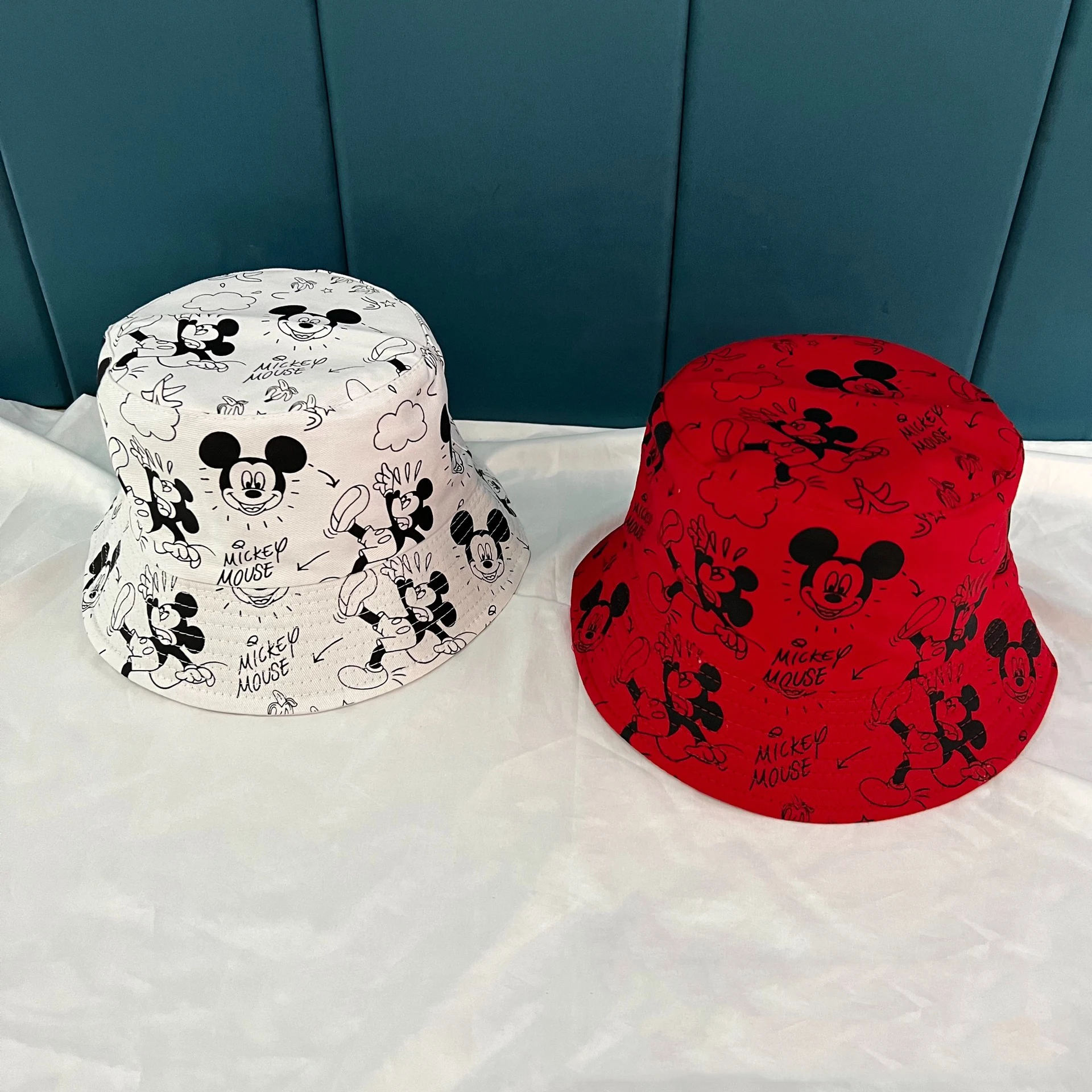 Gorra de pescador con estampado de dibujos animados, gorro de pescador con letras de Mickey Mouse, de algodón, de doble cara, regalos de cumpleaños