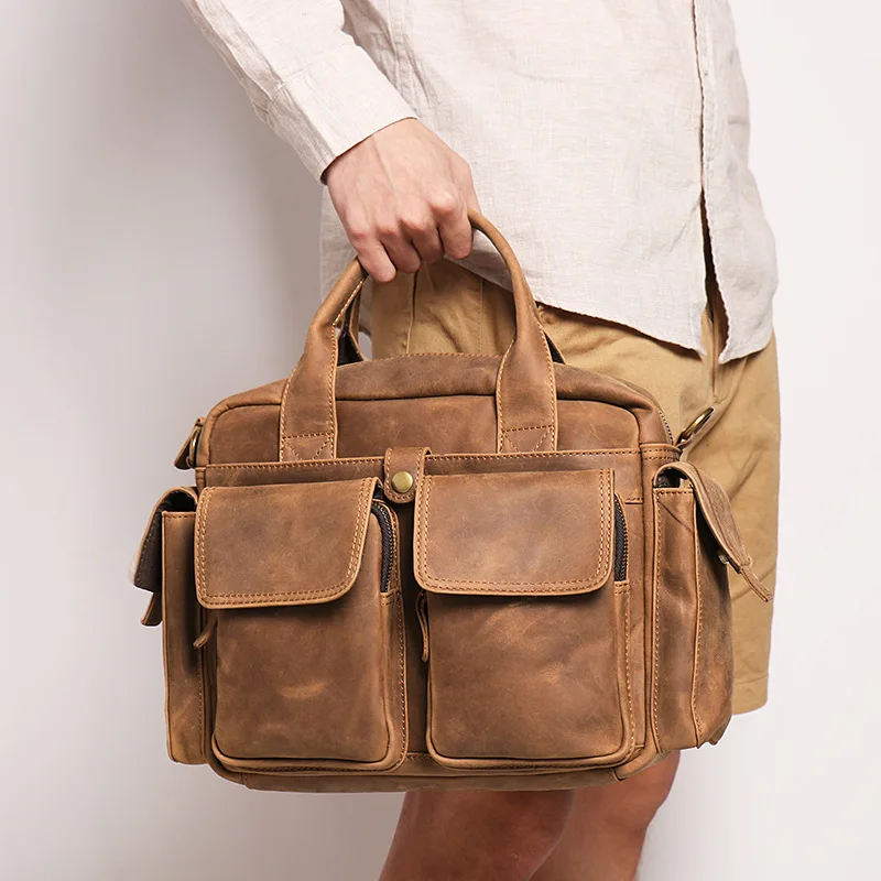 Retro men's real leather handhold head layer crazy horse leather shoulder crossbody bag large capacity computer briefcase
