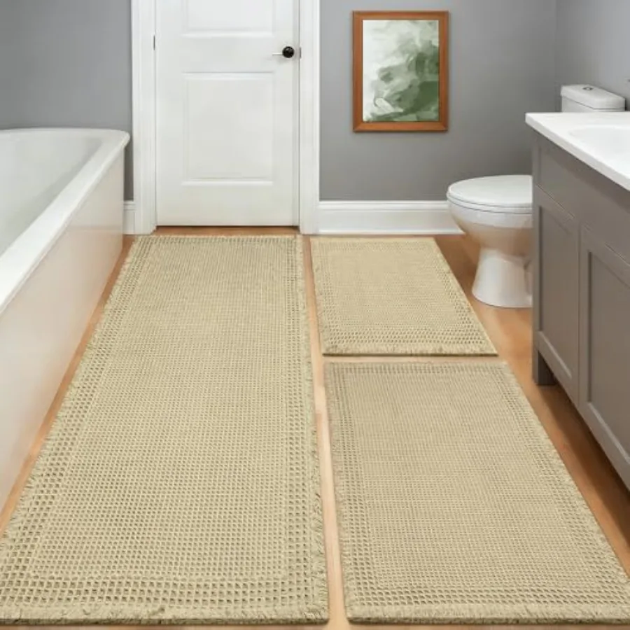 

Waffle Bath Mat Modern Woven Absorbent Non Slip Bathroom Rugs Machine Washable Bath Rugs Quick-Drying Bathroom Mats Boho Tassel