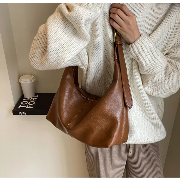 

Сумка Хобо Женская винтажная, саквояж кросс-боди большой вместимости, повседневный чемоданчик на плечо из натуральной воловьей кожи, саквояж с полумесяцем