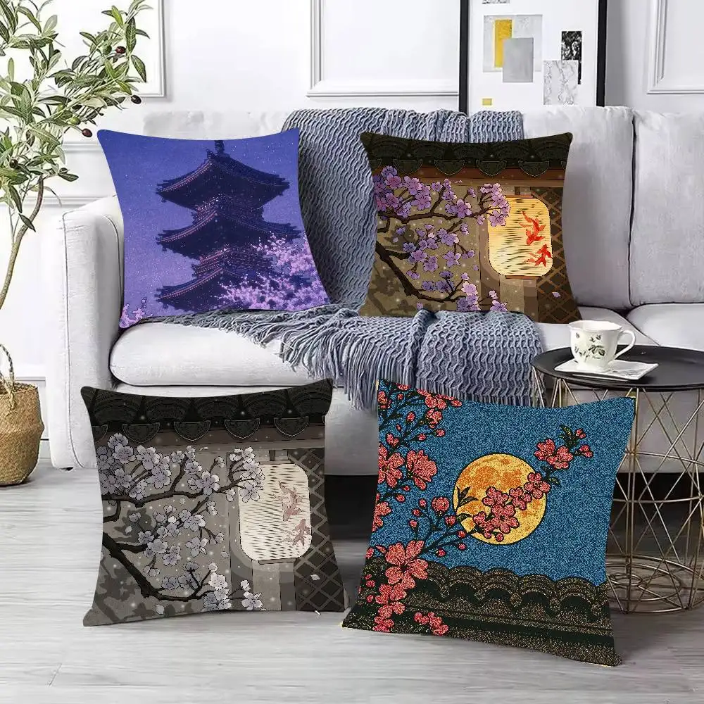 Japanese Ukiyo-e Throw Pillow Cover, Mount Fuji Cherry Blossom Pagoda Full Moon Print, Decor Cushion Case Bedroom Home Decor
