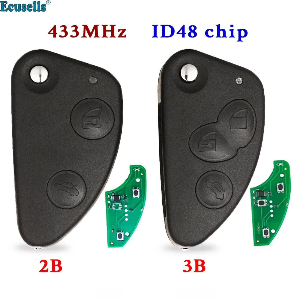 

Ecusells 2/3 Button Flip Remote Car Key Combo Fob 433MHZ ID48 Chip for Alfa Romeo 147 156 166 GT with Uncut SIP22 Blade