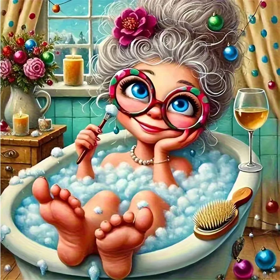Cartoon fashion woman taking a bath diamond painting bathroom bathtub flower wine pattern of rhinestone embroidery mosaic decor