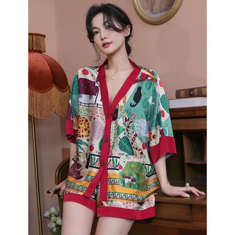 

Women's Summer Ice Silk Short Sleeve Open Cardigan Loose plus Size Home Clothes Set Casual Wearable Sleepwear