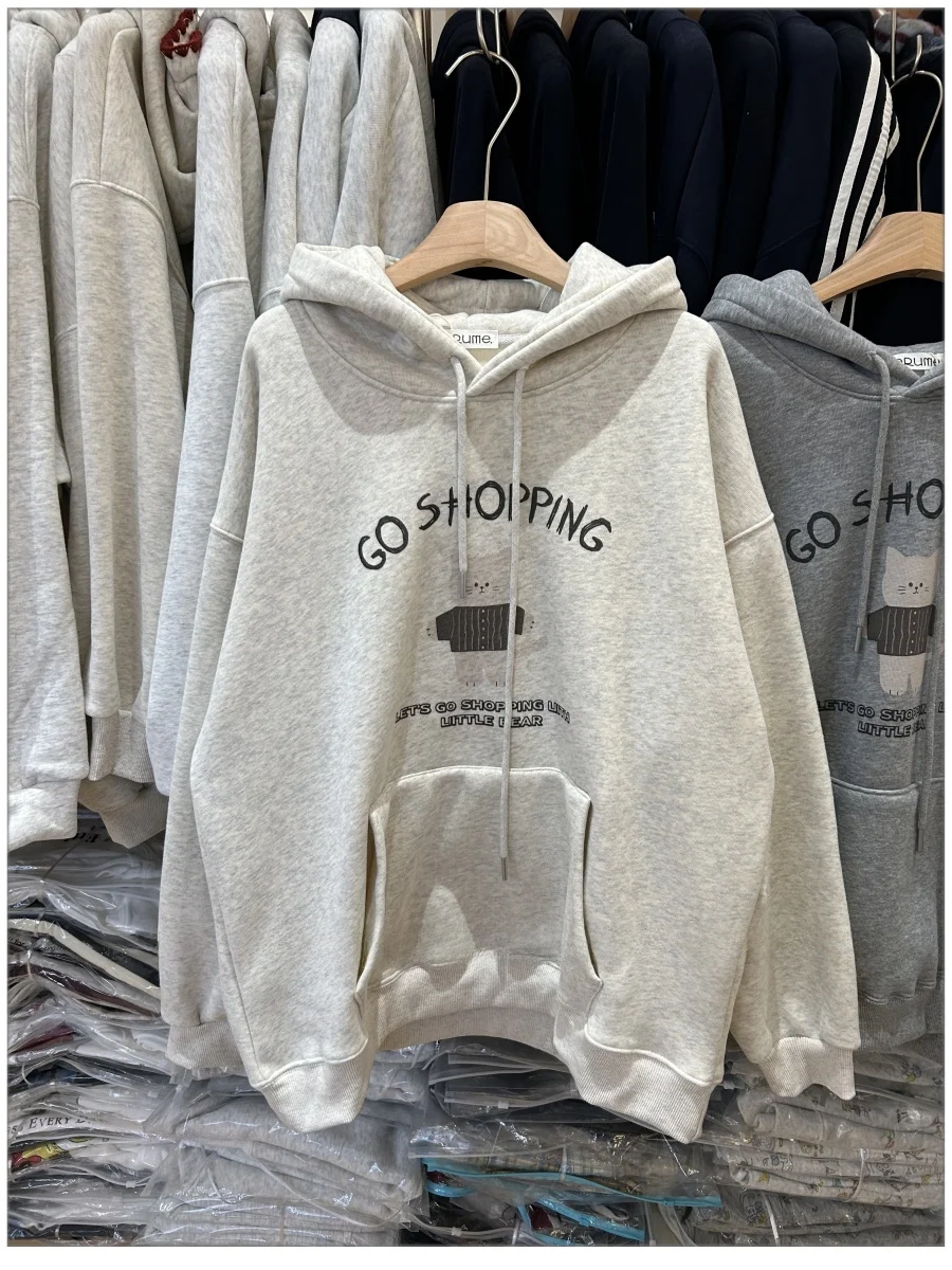 

Женская толстовка с капюшоном на флисовой подкладке, свободного кроя, с мультяшным принтом, в корейском стиле, с длинными рукавами, из смесового полиэстера и хлопка