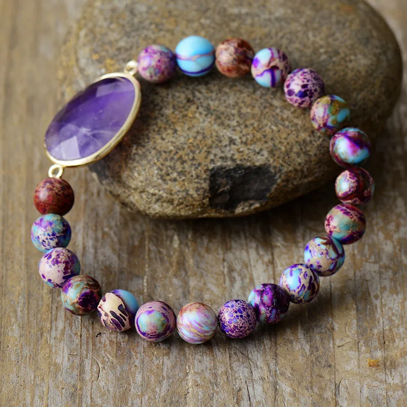 Custom 8mm Natural Imperial Jasper Amethyst Oval Gem Handmade Stretch Beaded Bracelet Boho Vacation Style For Couples Women Men
