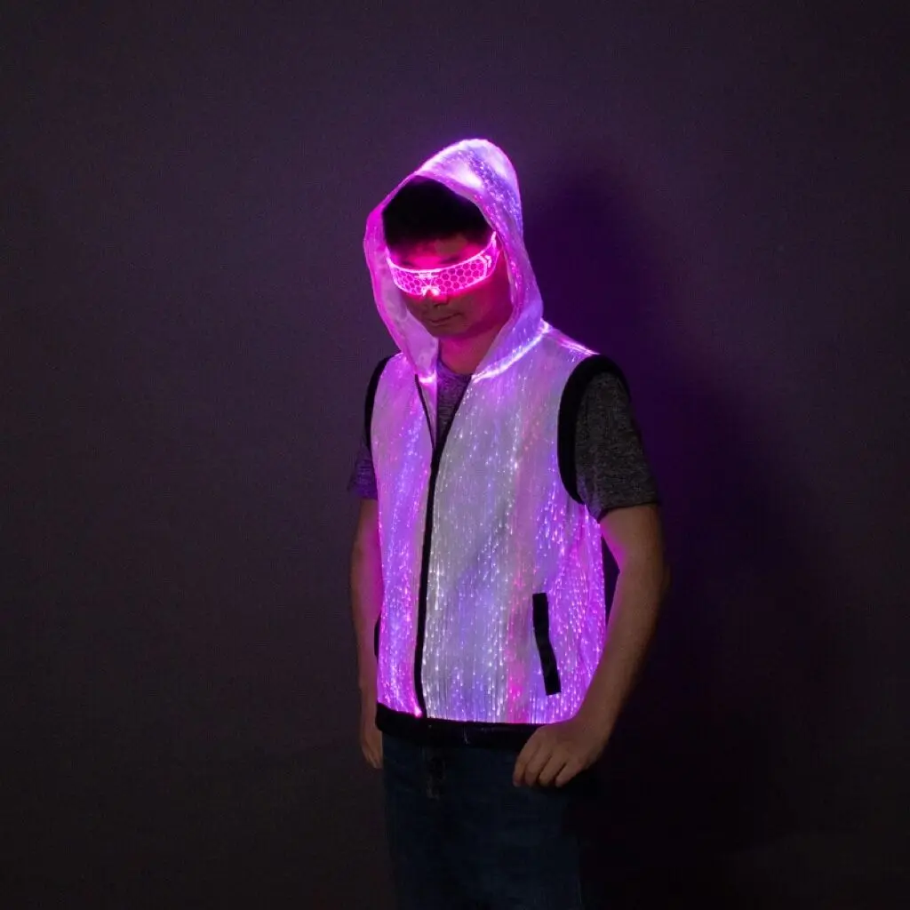 LED Optical Fiber Costume Set Glowing Vest Jacket with Mask for Stage Performance DJ Rave Party Wear