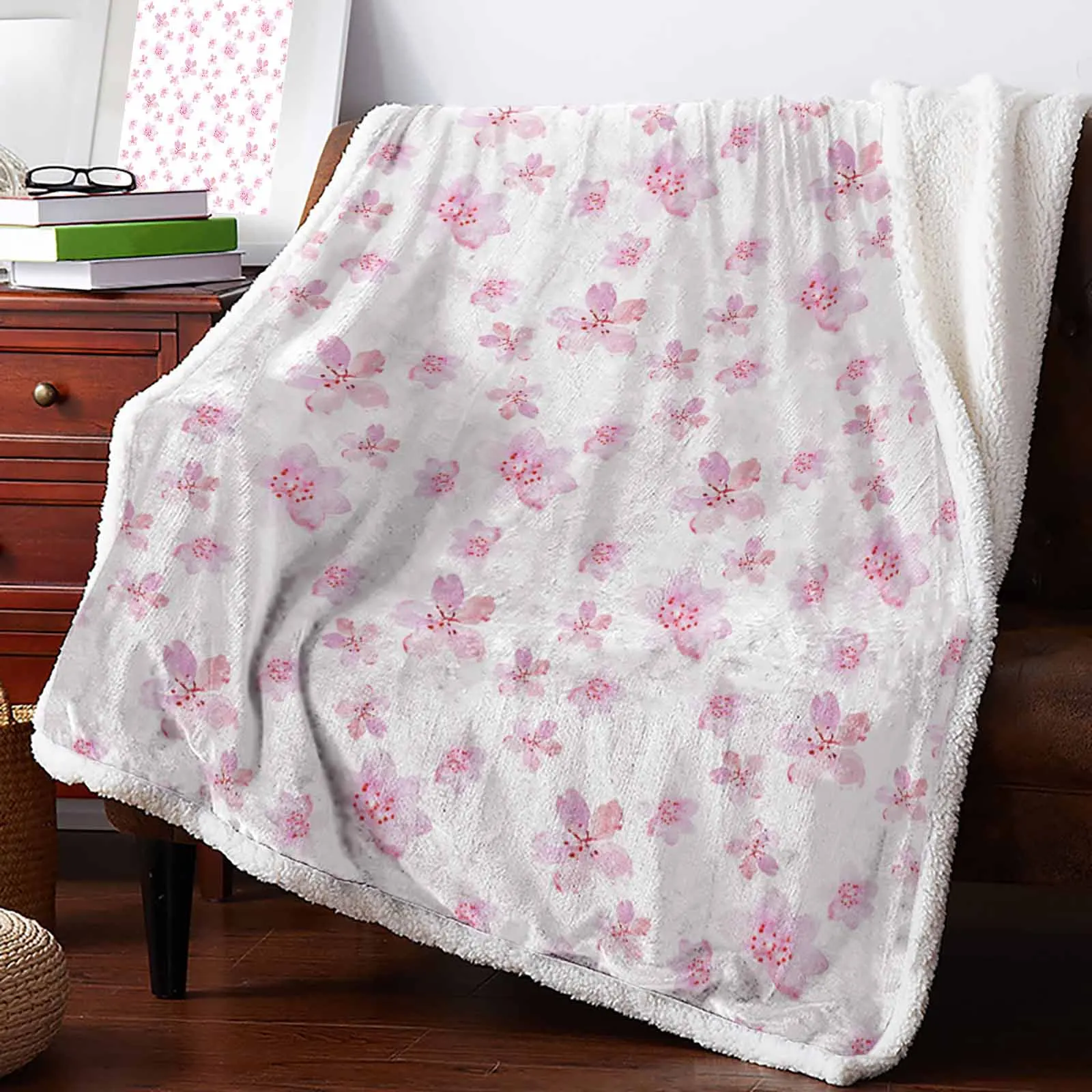 Pink Watercolor Cherry Blossom Cashmere Blanket Warm Winter Soft Throw Blankets for Beds Sofa Wool Blanket Bedspread