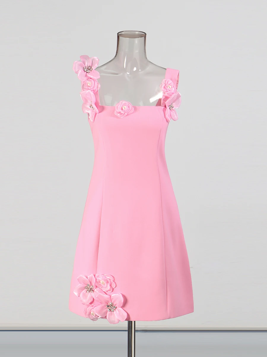 TWOTWINSTYLE Effen afslankende minimalistische mini-jurken voor dames Vierkante hals Mouwloos Patchwork 3D-bloemjurk Vrouwelijke kleding