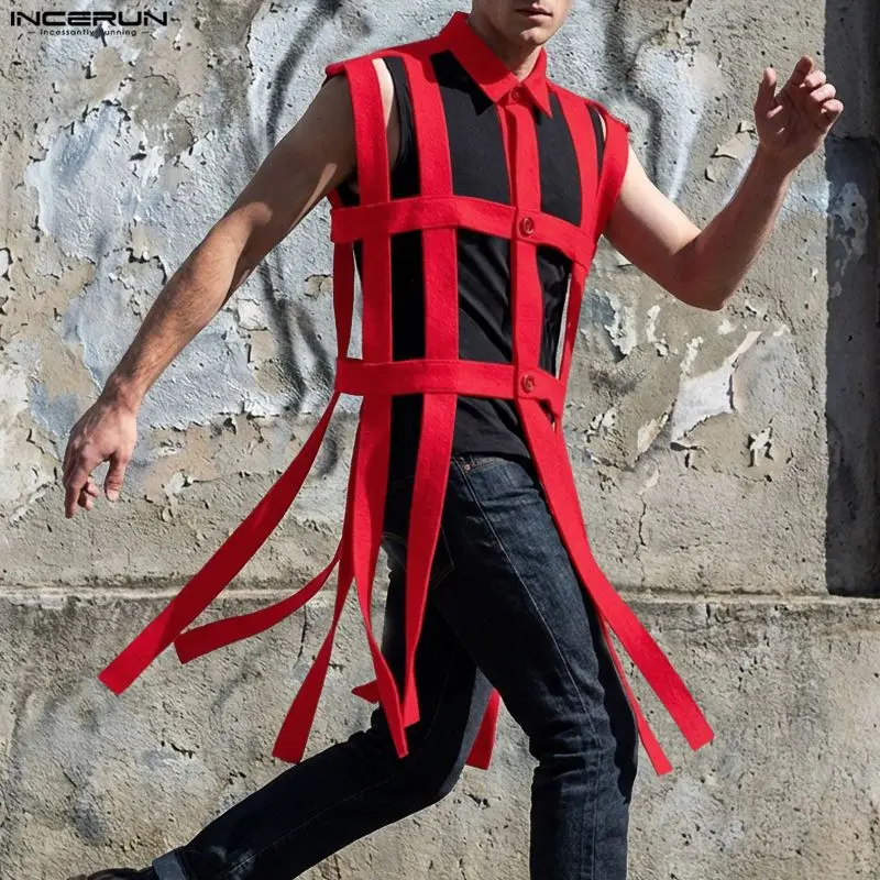 INCERUN Herrenhemd, ausgehöhlt, einfarbig, Persönlichkeit, lässige Herrenkleidung, Streetwear, Revers, ärmellos, modische Oberteile, Hemden für Herren