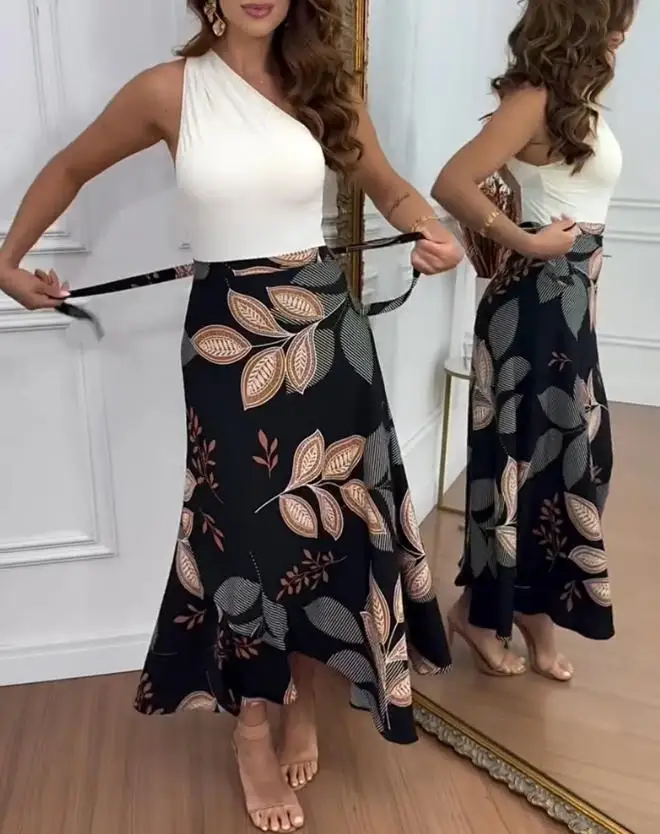 

Summer New Style Elegant Retro Style Leaf Print High Waisted Lace Up Irregular Ruffle Edge High Waisted Slim Fit Women's Skirt