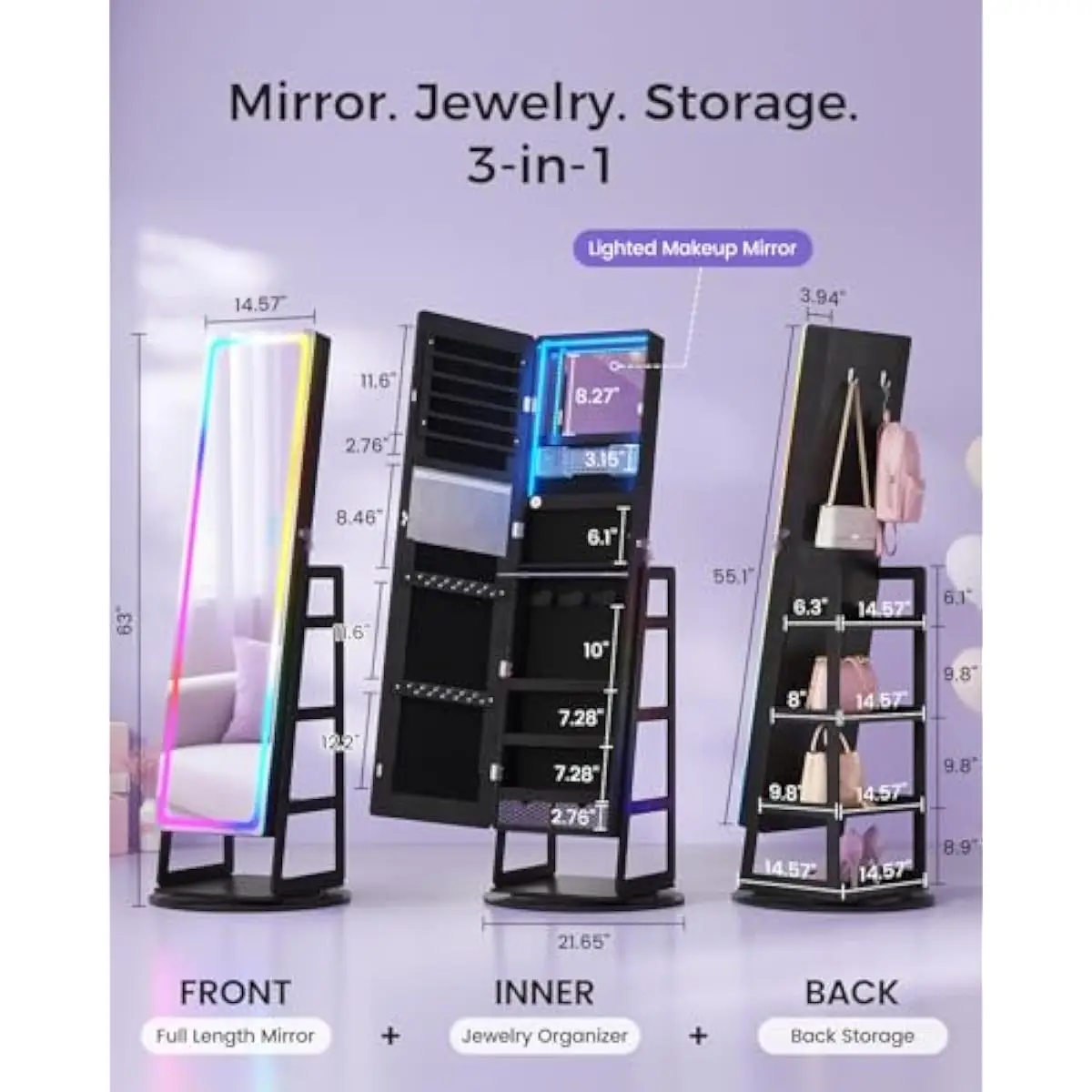 RGB Illuminated Rotating Jewelry Armoire with Full-Height Tempered Mirror, Velvet-Lined 12-Section Storage, Remote-Controlled Co